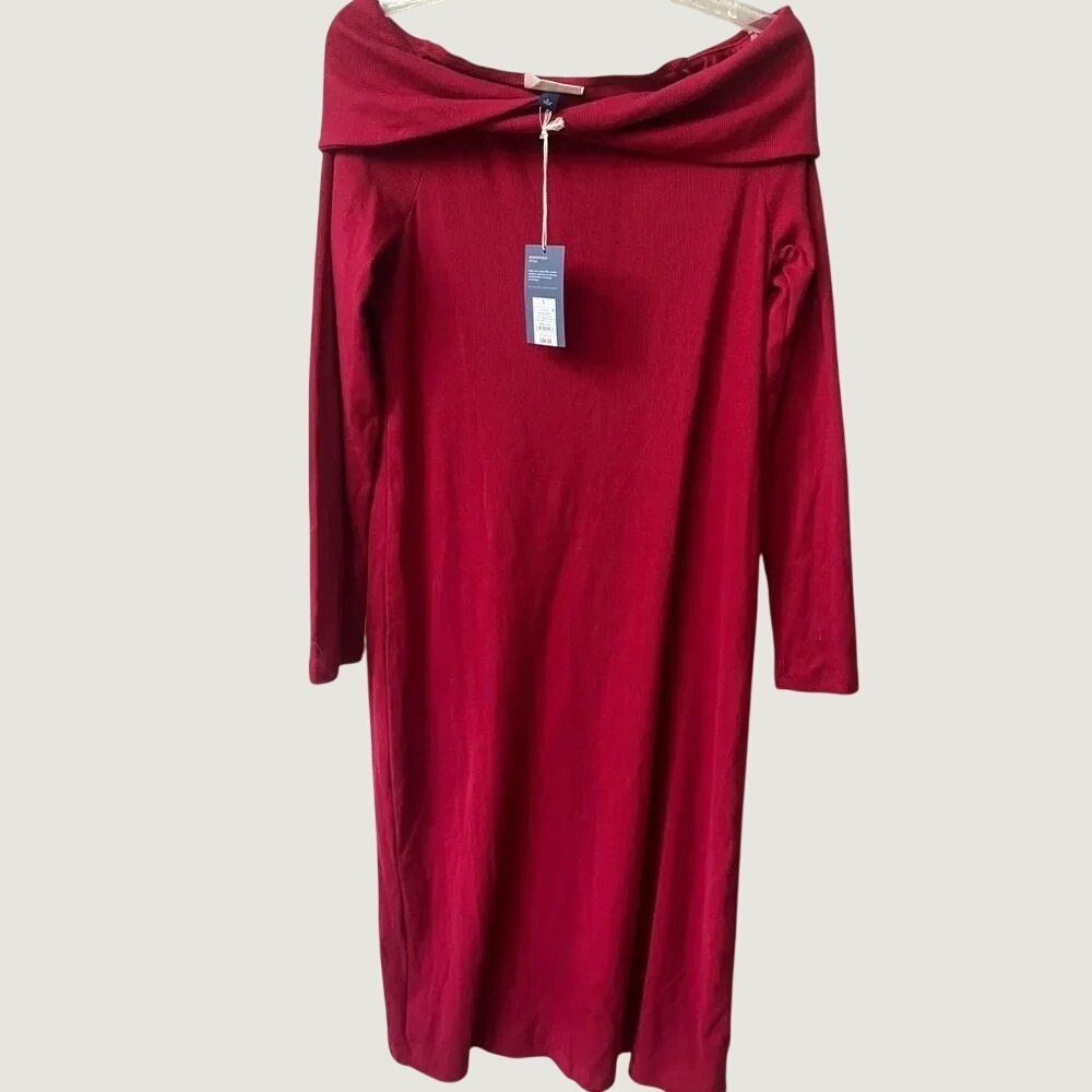 Universal Thread Off The Shoulder Ribbed Midi Bodycon Dress Large Ruby Red NWT